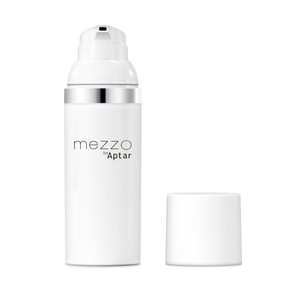 Flacon Airless Mezzo 100 ml fermeture automatique distributeur transparent  pompe blanc/argent capuchon blanc