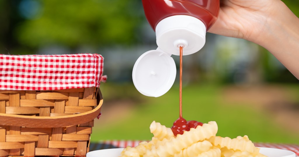 Ketchup being squeezed onto plate of fries in picnic setting